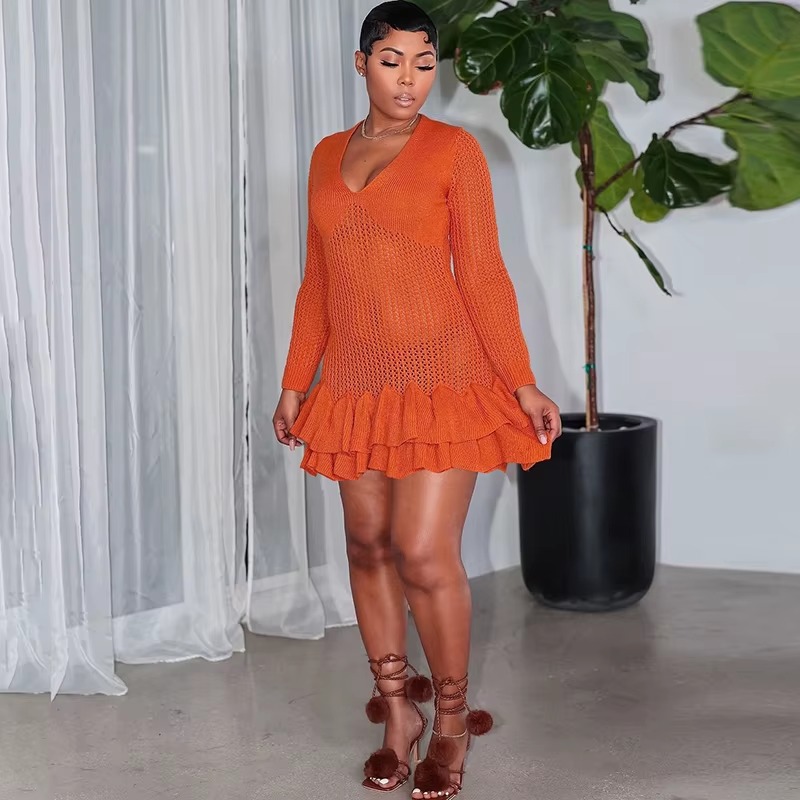 Casual Deep V-Neck Full Sleeve Knitted Mini Tierred Dresses - Image 5