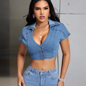 Casual Deep V-neck Street Style Low-cut Top Button Up Slim Jean Blouses