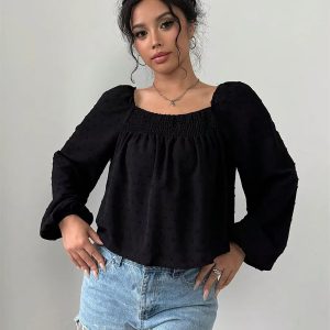 Casual Dot Long Sleeve Square Neck Lantern Sleeve Loose Short Blouses Tops