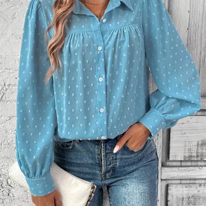 Casual Dot Turn-down Collar Long Sleeve Button up Loose Blouses Shirts Tops