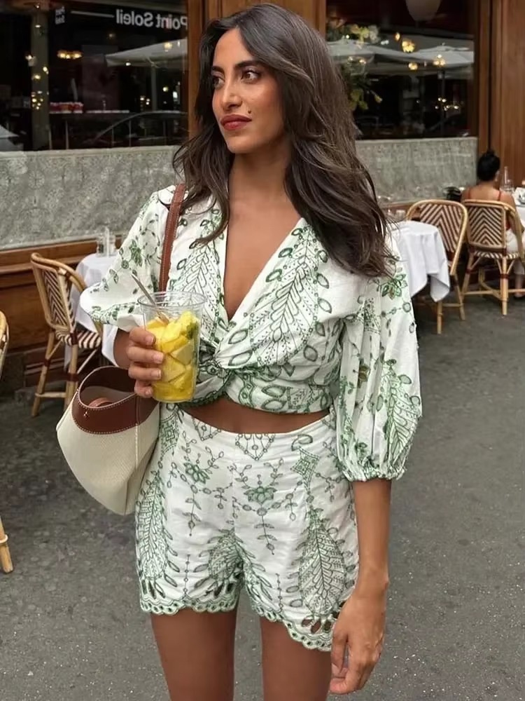 Casual Embroidered Pullover zipper fly Shorts Sleeve 2 Pcs Suit Dress - Image 5