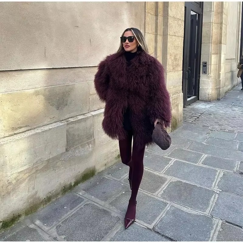 Casual Faux Fur Thicken Long Sleeve Loose Warm Midi Coat - Image 2