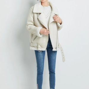 Casual Faux Lamb Leather Lapel Thick Warm Jacket with Belt