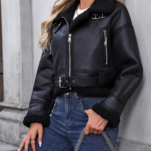 Casual Faux Lambswool Leather High Street Lapel Zipper Short Jacket