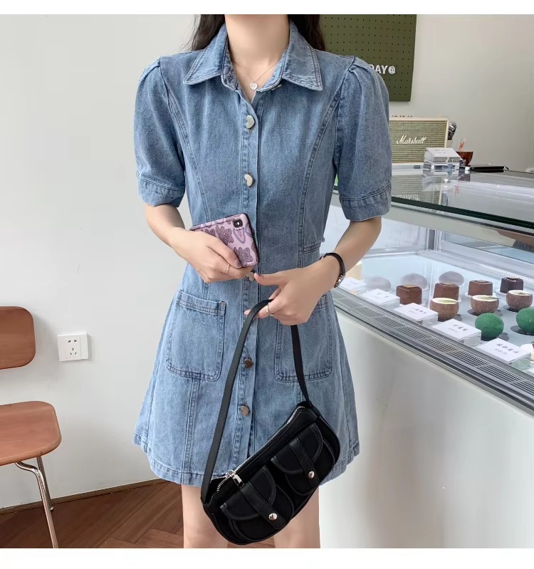 Casual Fitted High Waist Short Sleeve Denim Mini Dress - Image 4