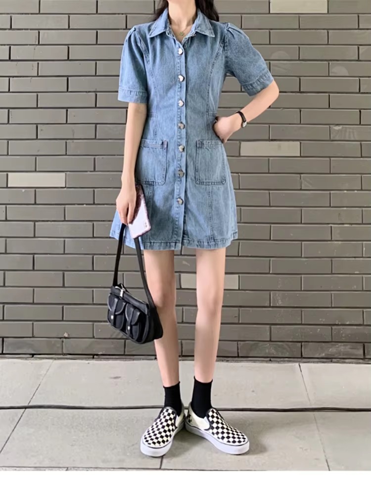 Casual Fitted High Waist Short Sleeve Denim Mini Dress - Image 5