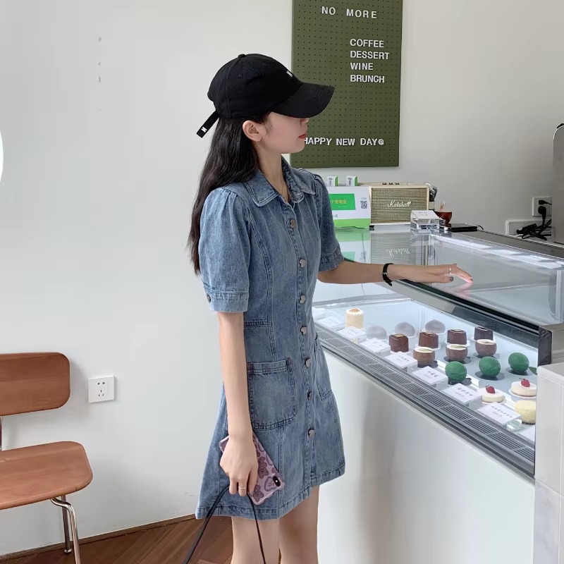 Casual Fitted High Waist Short Sleeve Denim Mini Dress - Image 2