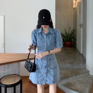 Casual Fitted High Waist Short Sleeve Denim Mini Dress