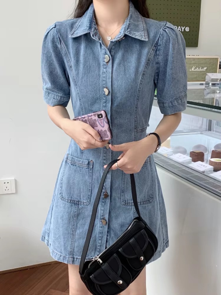 Casual Fitted High Waist Short Sleeve Denim Mini Dress - Image 6
