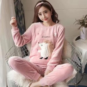 Casual Flannel Soft Warm Printing 2 Piece Pajamas Set