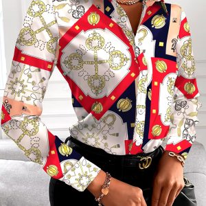Casual Floral Geometric Square Print Turn-Down Collar Shirts