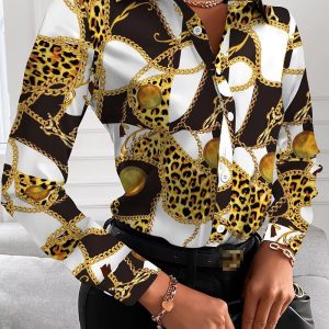 Floral Geometric Square Print Turn-Down Collar Shirts