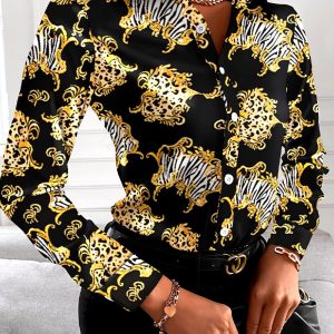 Casual Floral Geometric Square Print Turn-Down Collar Shirts