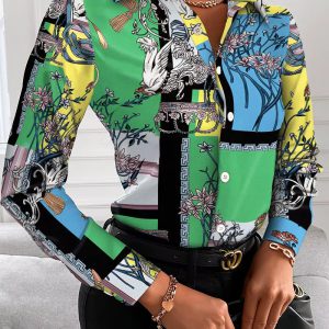 Casual Floral Geometric Square Print Turn-Down Collar Shirts