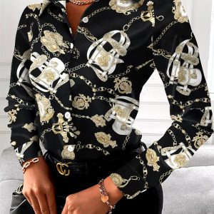 Casual Floral Geometric Square Print Turn-Down Collar Shirts