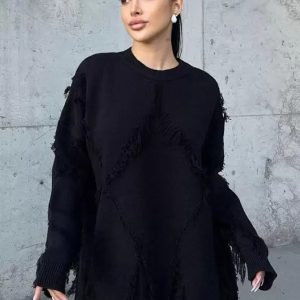 Casual Fringe Jewel Neck Pullovers Polyester Sweaters
