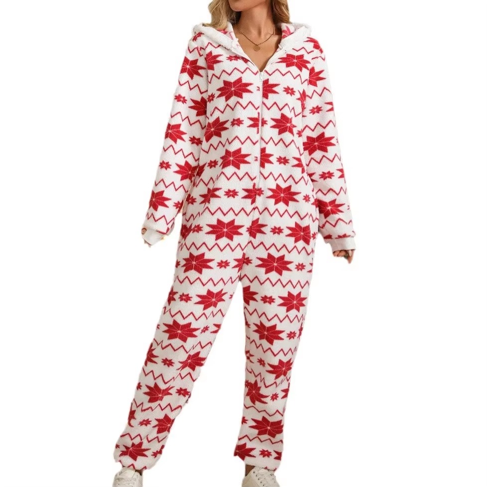 Casual Geometric Long-sleeved Christmas Printing Plush Hooded Jumpsuits - Image 5