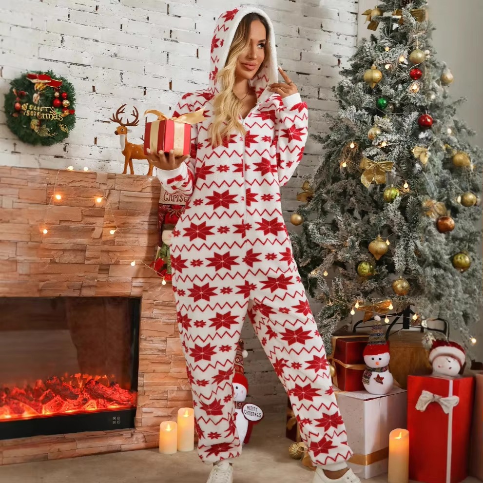 Casual Geometric Long-sleeved Christmas Printing Plush Hooded Jumpsuits