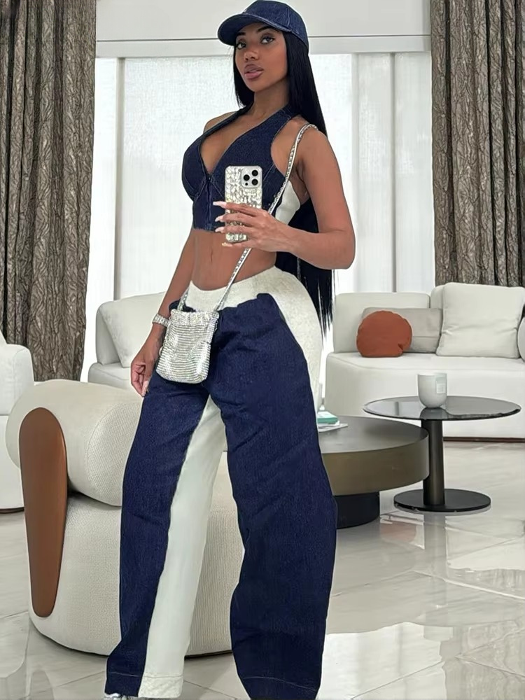 Casual Halter V-neck Crop Tanks Elastic Waist Loose Pants 2 Piece Tracksuits - Image 2