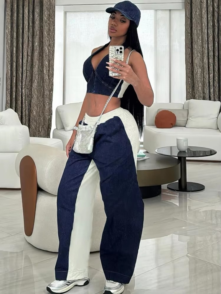 Casual Halter V-neck Crop Tanks Elastic Waist Loose Pants 2 Piece Tracksuits - Image 3