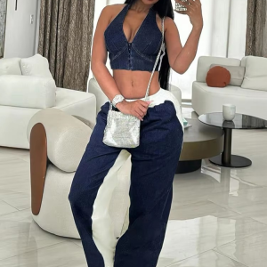 Casual Halter V-neck Crop Tanks Elastic Waist Loose Pants 2 Piece Tracksuits