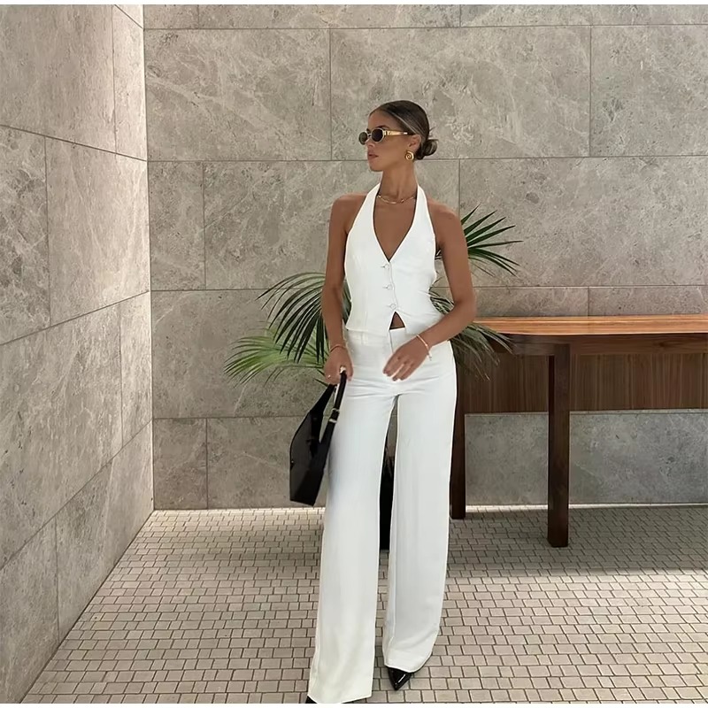 Casual Halter Vest High Waist Wide Leg Pants 2 Pieces Sets - Image 2