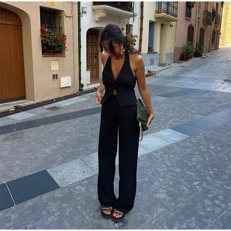 Casual Halter Vest High Waist Wide Leg Pants 2 Pieces Sets - Image 4
