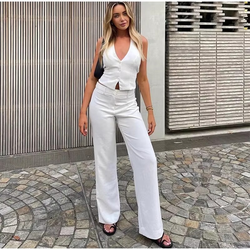 Casual Halter Vest High Waist Wide Leg Pants 2 Pieces Sets