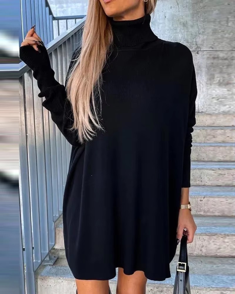 Casual High Neck Long Sleeve Straight High Street Mini Knit Sweater Dress - Image 4