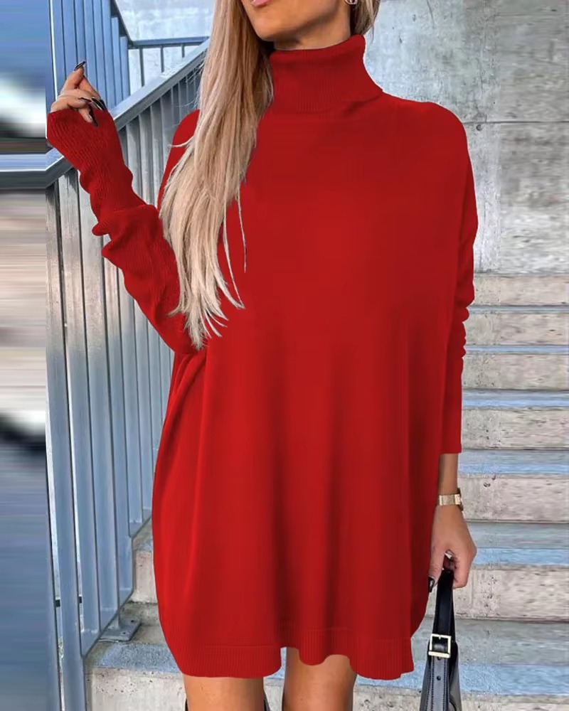 Casual High Neck Long Sleeve Straight High Street Mini Knit Sweater Dress - Image 2