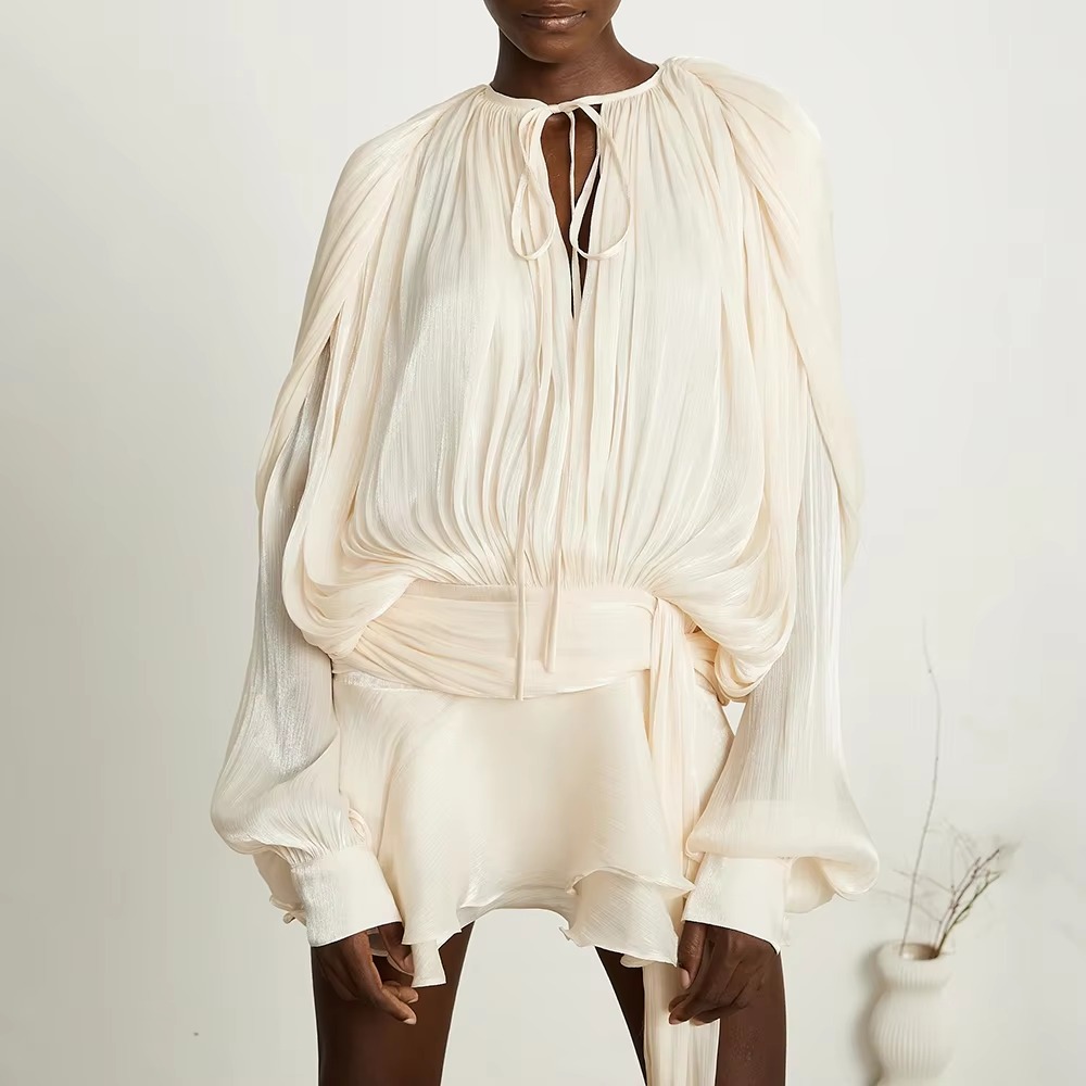 Casual High Waist Solid Spliced Lace Up Loose Mini Dress - Image 3