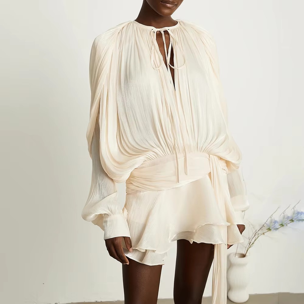 Casual High Waist Solid Spliced Lace Up Loose Mini Dress - Image 4