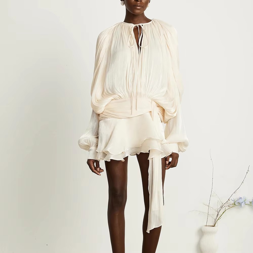 Casual High Waist Solid Spliced Lace Up Loose Mini Dress - Image 5