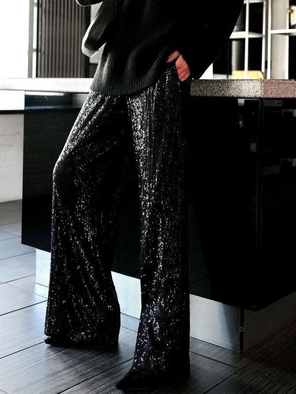 Casual High Waist Wide Leg Sequins Chic Daily Casual Party Trousers Sparkle Pants - Image 7