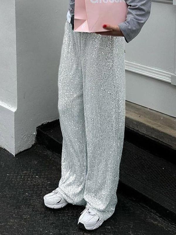 Casual High Waist Wide Leg Sequins Chic Daily Casual Party Trousers Sparkle Pants - Image 5