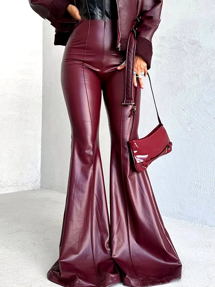 Casual High Waisted Slim Fit PU Leather Ankle-Length Flared Pants
