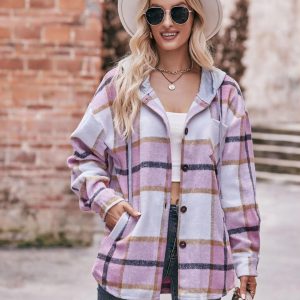 Casual Hooded Plaid Single-breasted Mid Length Shirt Coats