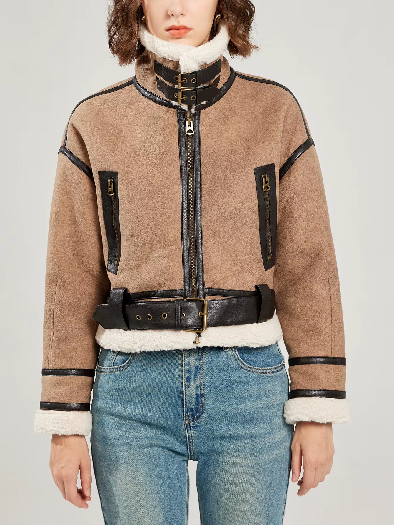 Casual Lamb Wool Patchwork Full Sleeve Faux Suede Leather Jacket - Image 2