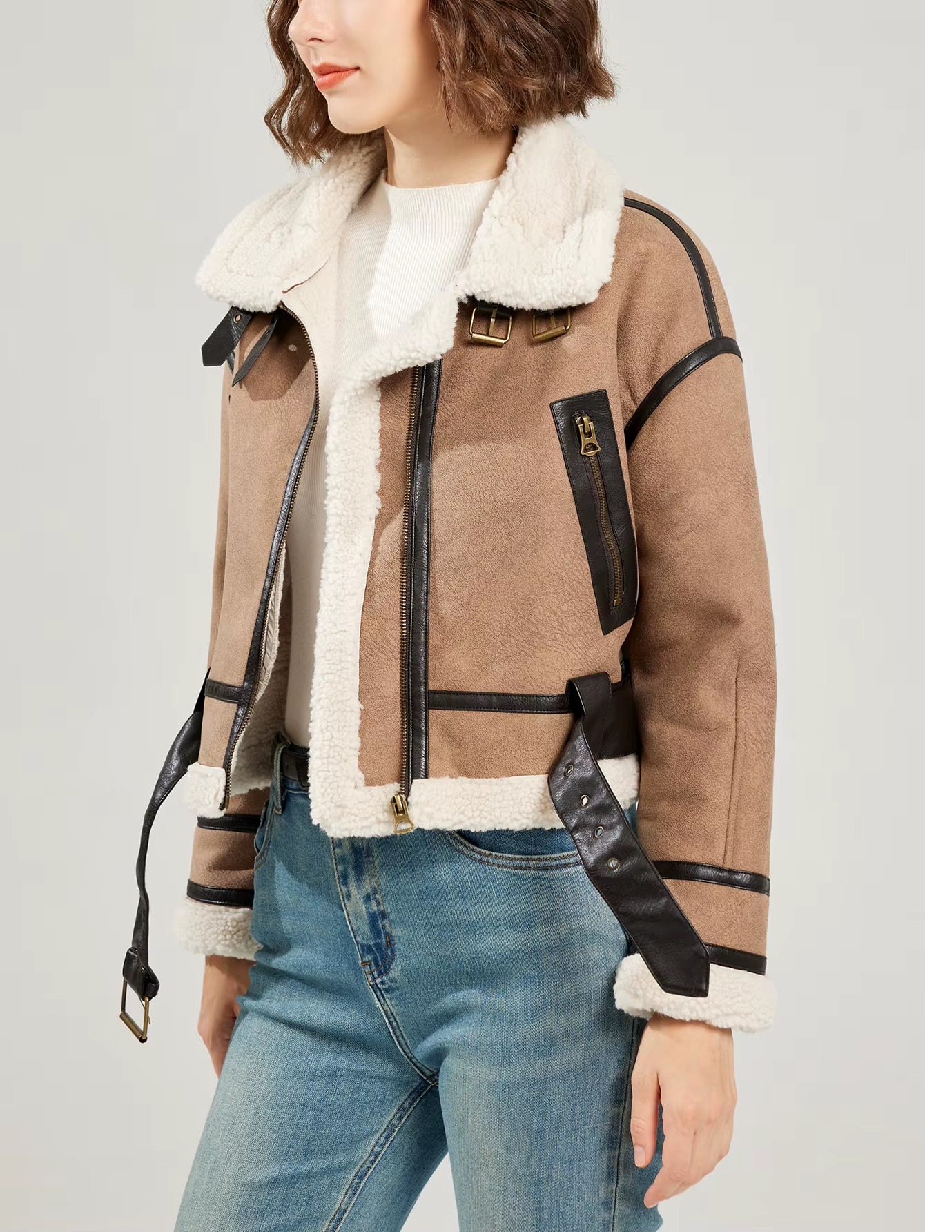 Casual Lamb Wool Patchwork Full Sleeve Faux Suede Leather Jacket - Image 5