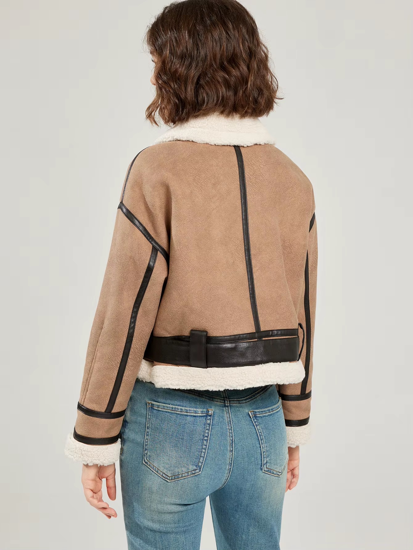 Casual Lamb Wool Patchwork Full Sleeve Faux Suede Leather Jacket - Image 6