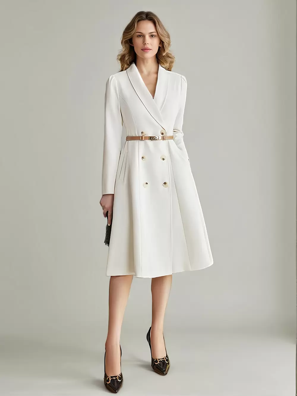 Casual Lapel Belted Long Sleeves Knee-Length Business Blazer Dress