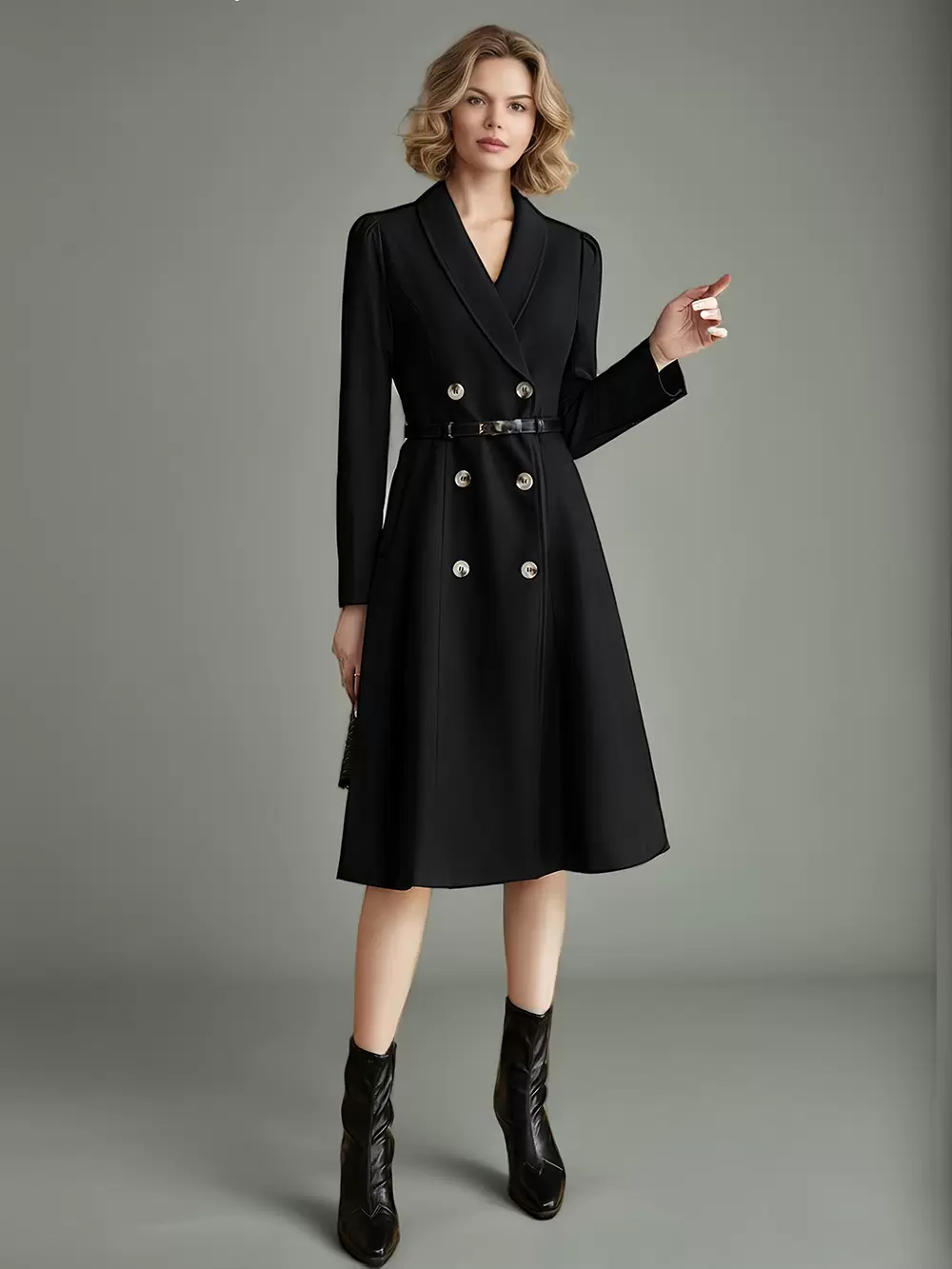 Casual Lapel Belted Long Sleeves Knee-Length Business Blazer Dress - Image 3