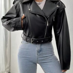 Casual Lapel Zipper Faux PU Leather High Street Leather Jacket