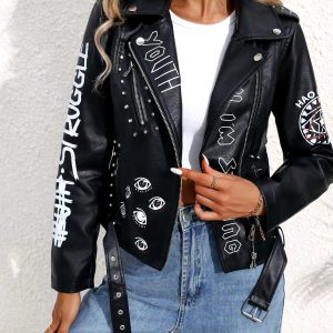Casual Lapel Zipper Graffiti Print Leather Rivet Faux PU Leather Jacket
