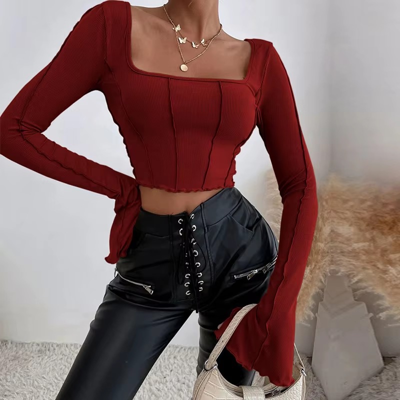 Casual Long Flare Sleeve Knitted Backless Streetwear Bandage Crop Top