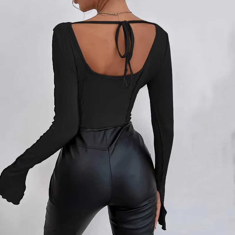 Casual Long Flare Sleeve Knitted Backless Streetwear Bandage Crop Top - Image 15