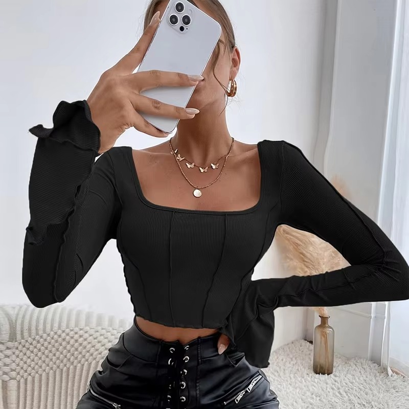 Casual Long Flare Sleeve Knitted Backless Streetwear Bandage Crop Top - Image 12