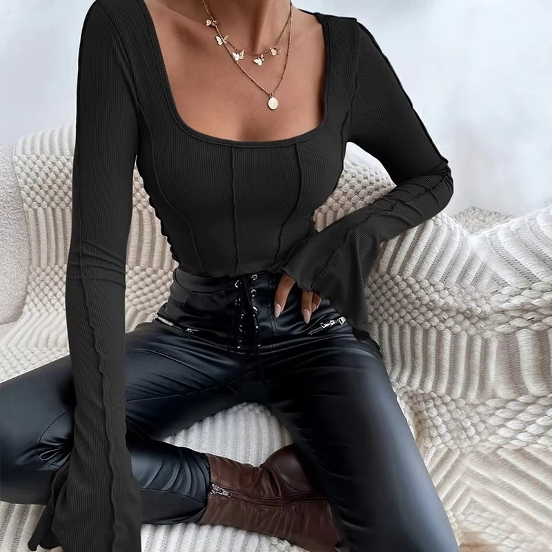 Casual Long Flare Sleeve Knitted Backless Streetwear Bandage Crop Top - Image 14