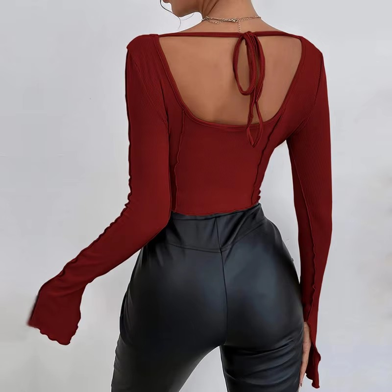 Casual Long Flare Sleeve Knitted Backless Streetwear Bandage Crop Top - Image 5