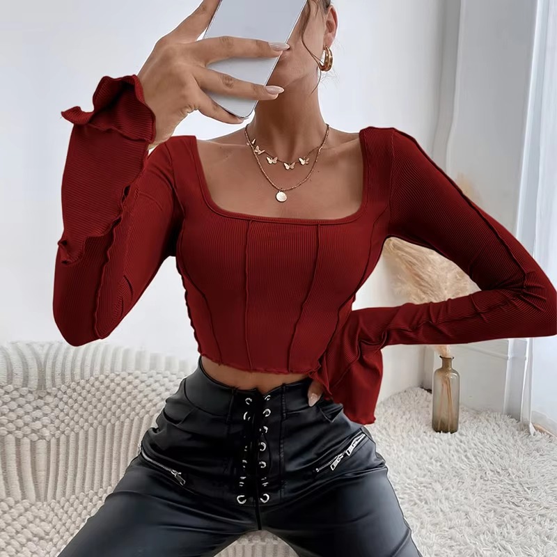 Casual Long Flare Sleeve Knitted Backless Streetwear Bandage Crop Top - Image 3